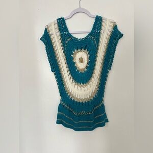 Chic Teal and Cream Crochet  100% cotton Blouse‎